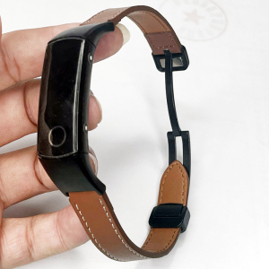 适用荣耀手环5 NFC表带真皮超纤棕色防水卡扣替换智能运动honor bang4华为手环五代腕带