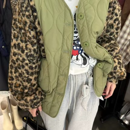 yuki自制2025新款 豹纹毛圈拼接菱形格夹棉薄棉外套