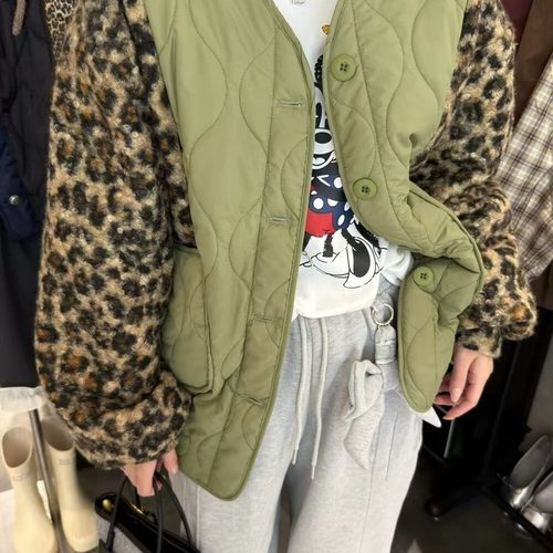 yuki自制2025新款 豹纹毛圈拼接菱形格夹棉薄棉外套