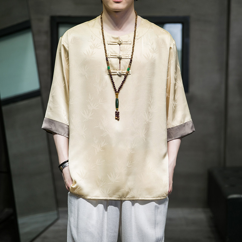 2022风男装冰丝盘扣唐装汉服短袖五分袖T恤男C229/T174/P50图片