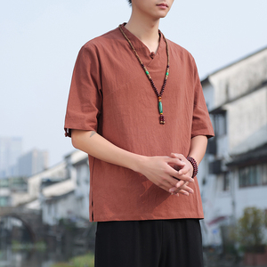2024夏季风男装棉麻亚麻唐装汉服V领短袖T恤C229/T161/P45图片