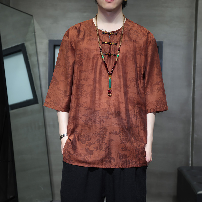 2024夏季风男装复古中式唐装汉服短袖五分袖T恤C229-T215-P60,男装T恤,电商C229-1