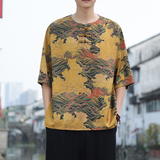 2024夏季风男装冰丝印花唐装汉服短袖五分袖T恤C229/T197/P55，男装T恤，电商C229-1