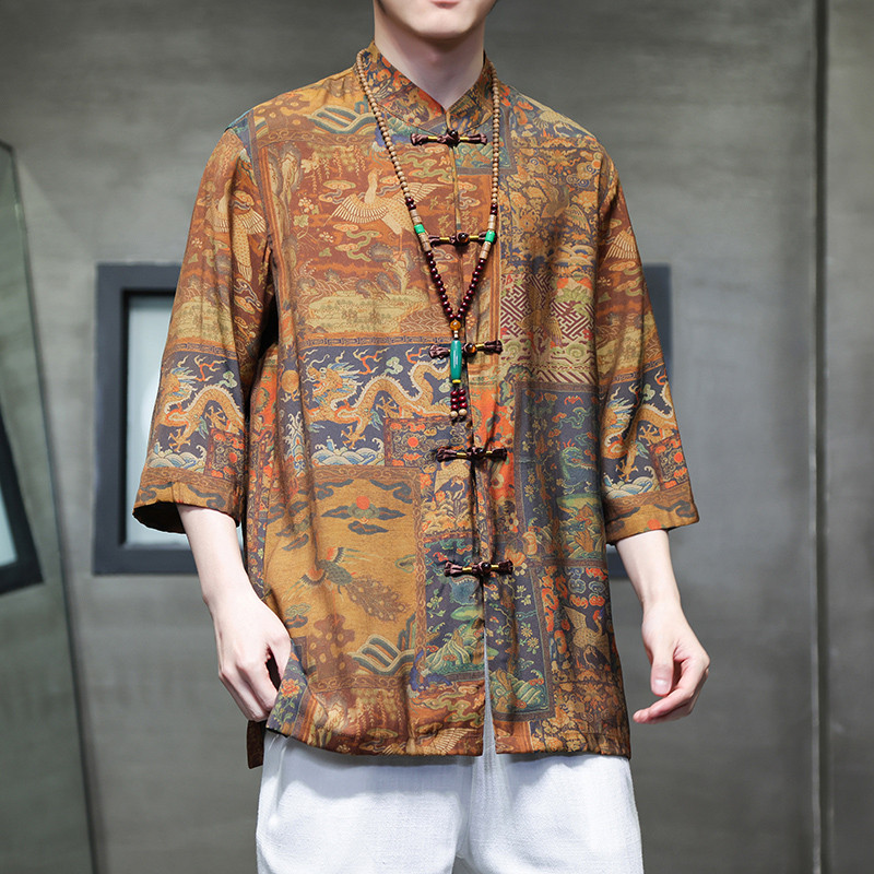 2024夏风男装冰丝印花唐装汉服短袖五分袖衬衫C229-Y1005-P68,男装衬衫,电商C229-1