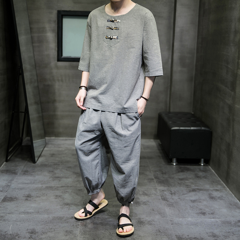 2024夏款风男装棉麻亚麻格子套装两件套大码C229/TZ339/P85，男装休闲套装，电商C229-1