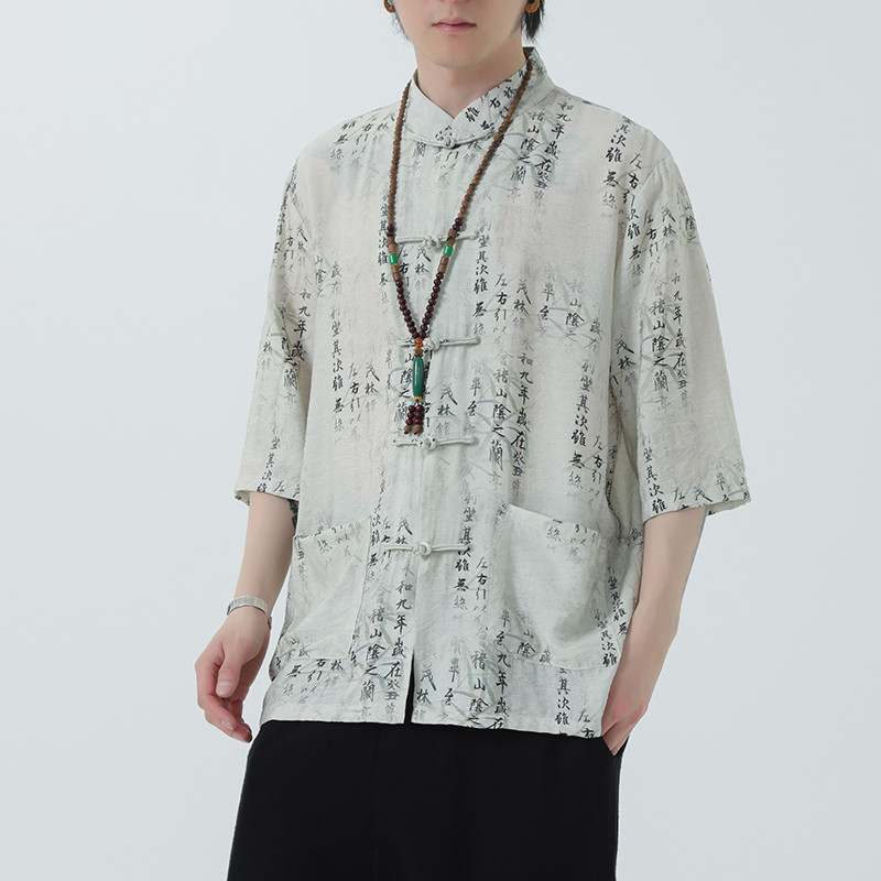 2024夏风男装盘扣唐装汉服短袖五分袖衬衫衬衣C229-Y1020-P70,男装衬衫,电商C229-1