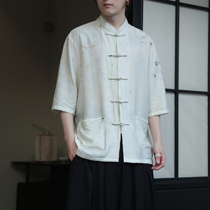 2024夏风男装冰丝唐装汉服短袖五分袖衬衫衬衣C229-Y1020-P70图片