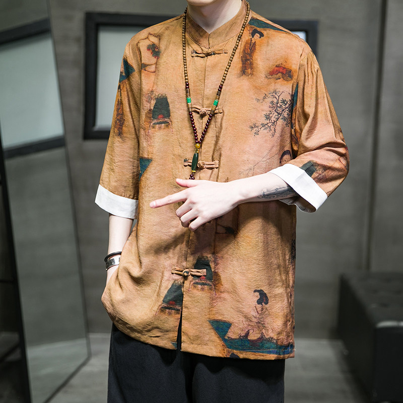 2024夏款风男装唐装印花潮汉服短袖衬衫外套C229/Y676/P60,男装衬衫,电商C229-1