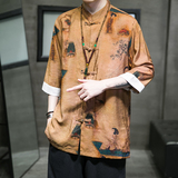 2024夏款风男装唐装印花潮汉服短袖衬衫外套C229/Y676/P60，男装衬衫，电商C229-1