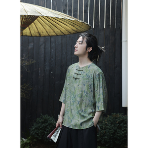 2024夏季风男装冰丝印花唐装汉服短袖五分袖T恤C229-T214-P60图片