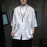 2024风男装刺绣冰丝唐装汉服短五分袖衬衫衬衣C229-Y1016-P65，男装衬衫，电商C229-1