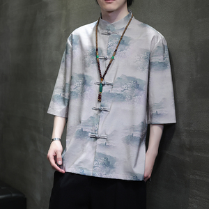 2024夏风男装印花唐装汉服短袖五分袖衬衫衬衣C229-Y1023-P68图片