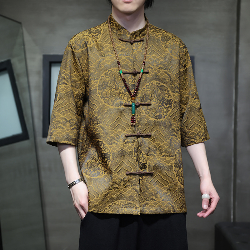 2024夏风男装冰丝唐装汉服短袖五分袖衬衫衬衣C229-Y1024-P70,男装衬衫,电商C229-1