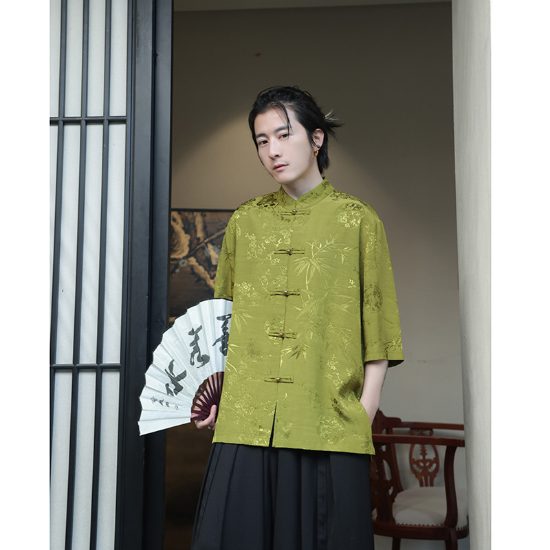 2024夏季风男装冰丝唐装汉服短袖衬衫衬衣大码C229-Y901-P65,男装衬衫,电商C229-1