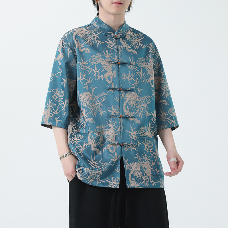 2024夏风男装冰丝唐装汉服短袖五分袖衬衫衬衣C229-Y1028-P70，男装衬衫，电商C229-1