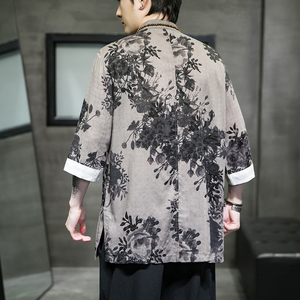 2024夏风男装印花唐装汉服盘扣复古五分袖衬衫男C229/Y670/60图片