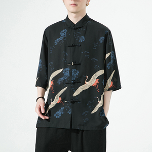 2024夏风男装仙鹤唐装汉服盘扣短袖五分袖衬衫C229/Y976/P70,男装衬衫,电商C229-1
