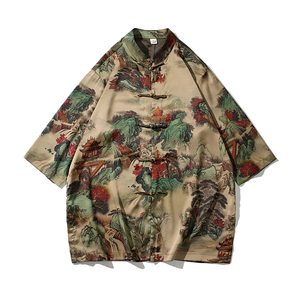 2023风男装印花唐装汉服复古盘扣短袖衬衫衬衣C229/Y943/P68图片