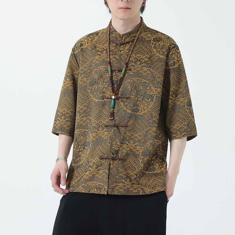 2024夏风男装冰丝唐装汉服短袖五分袖衬衫衬衣C229-Y1024-P70，男装衬衫，电商C229-1
