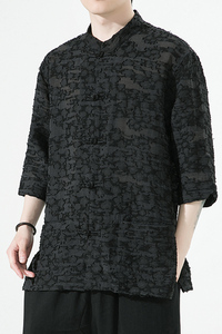 风男装棉亚麻唐装汉服短袖五分袖衬衫衬衣白底C229/Y975/P78图片