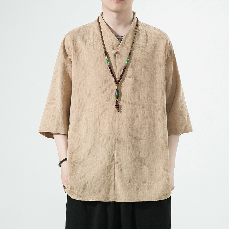 2024夏季风男装棉麻亚麻唐装汉服短袖五分袖T恤C229/T203/P55图片