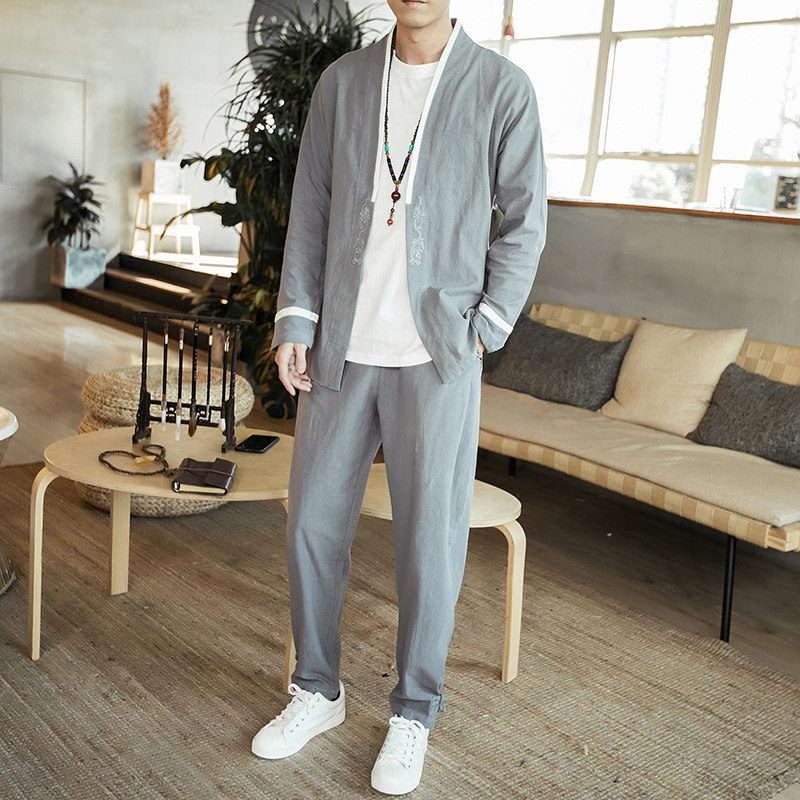 2024秋冬风男装棉亚麻刺绣唐装汉服套装两件套C229/TZ13/P75图片