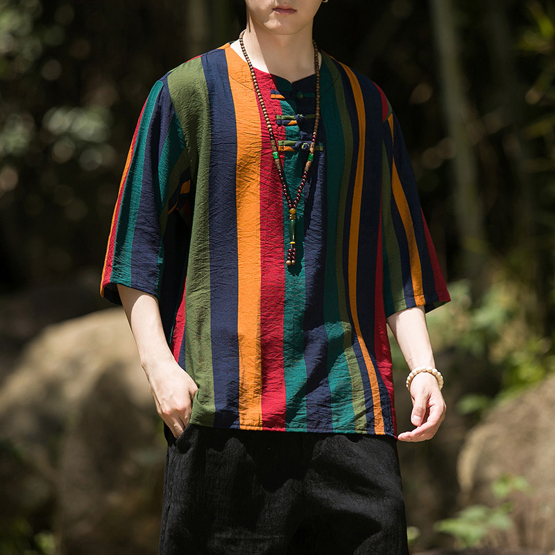 2024夏季风男装条纹唐装中式汉服短袖五分袖T恤C229/T173/P50,男装T恤,电商C229-1