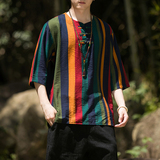 2024夏季风男装条纹唐装中式汉服短袖五分袖T恤C229/T173/P50，男装T恤，电商C229-1