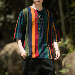 2024夏季风男装条纹唐装中式汉服短袖五分袖T恤C229/T173/P50