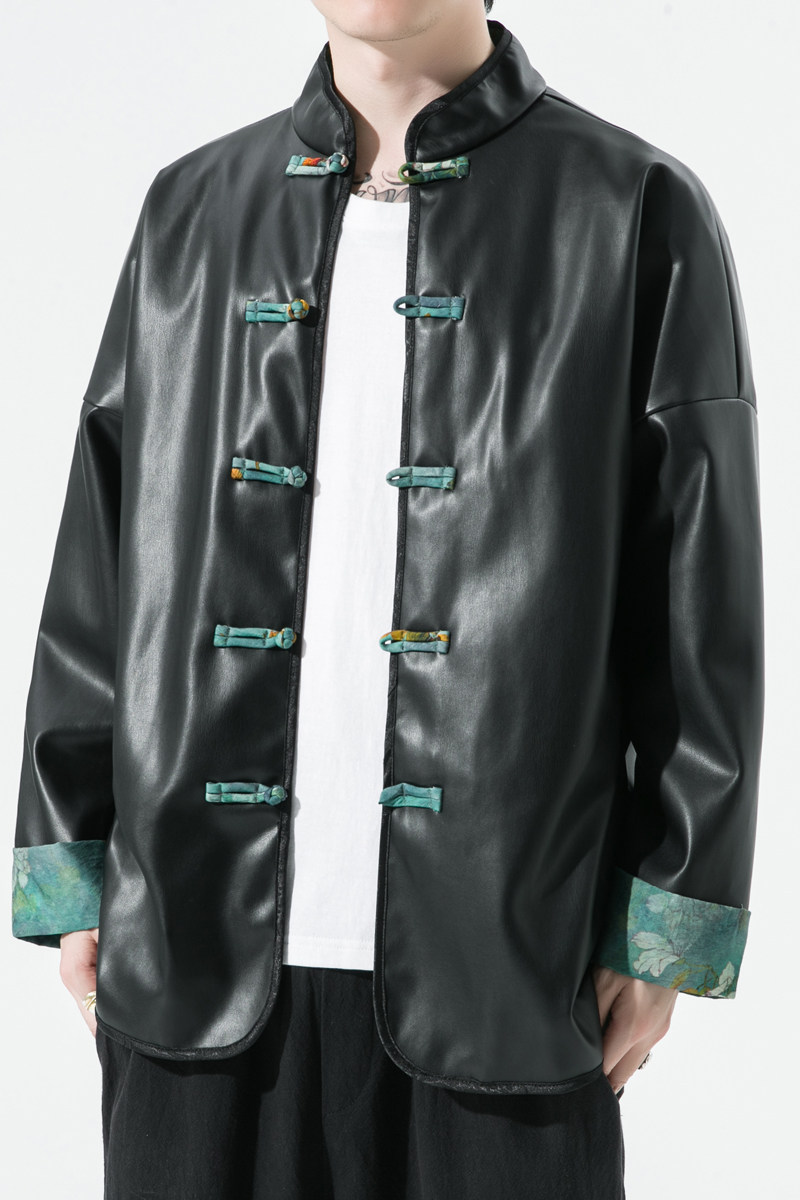 2024秋冬风男装pu皮夹克盘扣撞色唐装汉服外套C229/Y711/P105,男装皮衣,电商C229-1