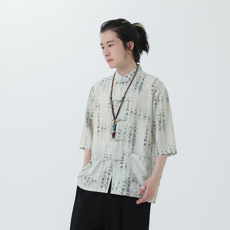 2024夏风男装盘扣唐装汉服短袖五分袖衬衫衬衣C229-Y1020-P70,男装衬衫,电商C229-1