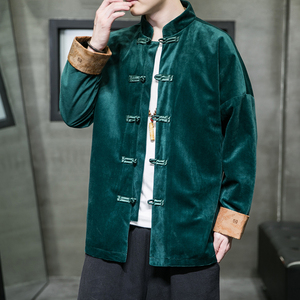 风男装丽丝绒撞色盘扣中式唐装汉服夹克外套C229/Y910/P85图片