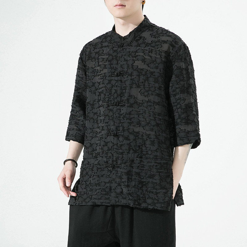 风男装棉亚麻唐装汉服短袖五分袖衬衫衬衣白底C229/Y975/P78图片