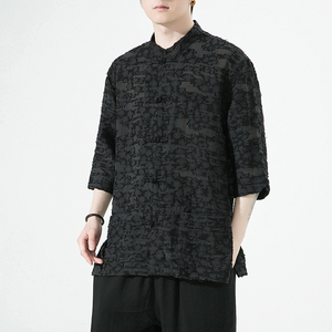 风男装棉亚麻唐装汉服短袖五分袖衬衫衬衣白底C229/Y975/P78图片