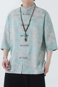 2024夏风男装盘扣中式汉服短袖五分袖衬衫衬衣C229-Y1030-P70图片