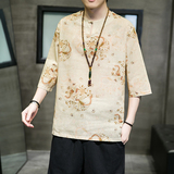 2024夏款风男装棉麻亚麻印花唐装汉服短袖T恤男C229/T167/P50，男装T恤，电商C229-1