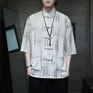 2024夏风男装印花唐装汉服短袖五分袖衬衫衬衣C229-Y1020-P70图片