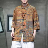 2024夏风男装冰丝印花唐装汉服短袖五分袖衬衫C229-Y1005-P68，男装衬衫，电商C229-1