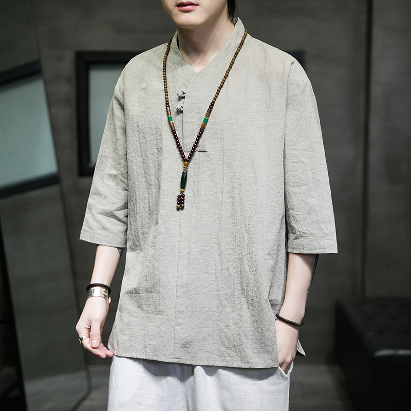 2024夏季风男装棉麻亚麻唐装汉服短袖五分袖T恤C229/T171/P50图片