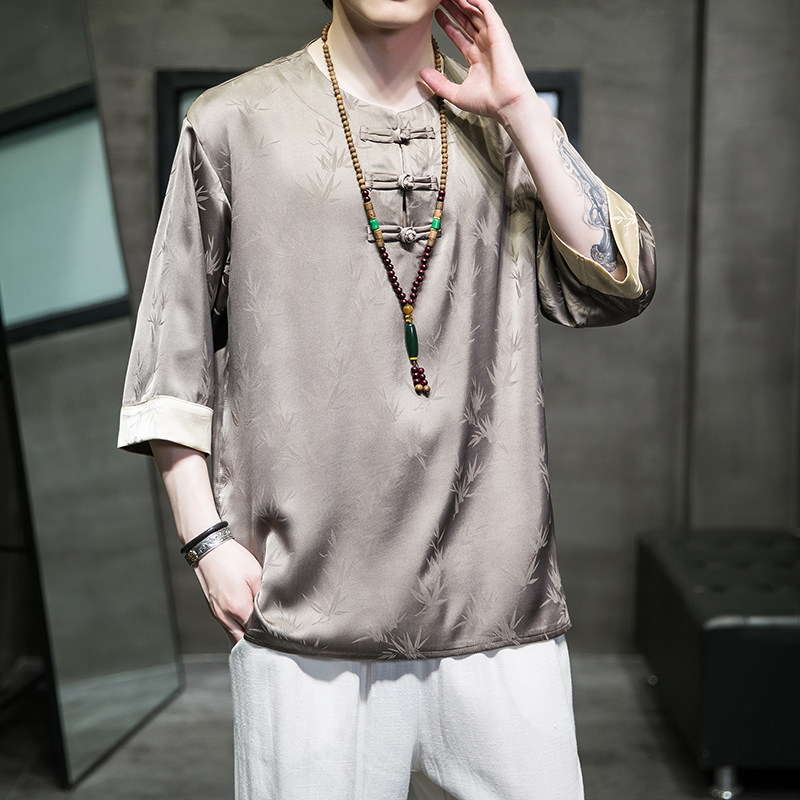 2022风男装冰丝盘扣唐装汉服短袖五分袖T恤男C229/T174/P50,男装T恤,电商C229-1