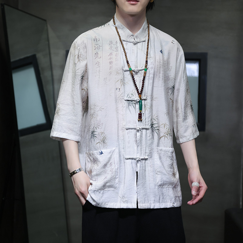 2024夏风男装竹子唐装汉服短袖五分袖衬衫衬衣C229-Y1019-P70,男装衬衫,电商C229-1