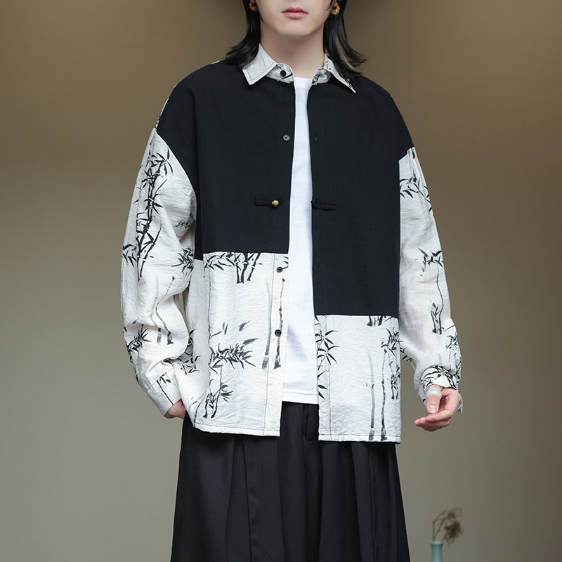 2024风男装拼接复古中式唐装汉服长袖衬衫衬衣C229-Y998-P75图片
