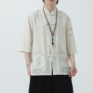 2024夏风男装盘扣唐装汉服短袖五分袖衬衫衬衣C229-Y1020-P70