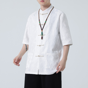 2024夏风男装提花唐装汉服短袖五分袖衬衫衬衣C229-Y996-P70图片