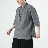 2024夏季风男装棉麻亚麻唐装汉服短袖五分袖T恤C229/T203/P55，男装T恤，电商C229-1