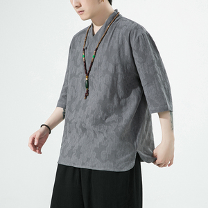 2024夏季风男装棉麻亚麻唐装汉服短袖五分袖T恤C229/T203/P55图片