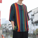 2024春夏风男装条纹盘扣中式唐装汉服短袖T恤C229/T173/P50，男装T恤，电商C229-1