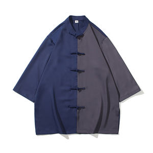 2023风男装盘扣撞色唐装汉服短五分袖衬衫衬衣C229/Y974/P70图片