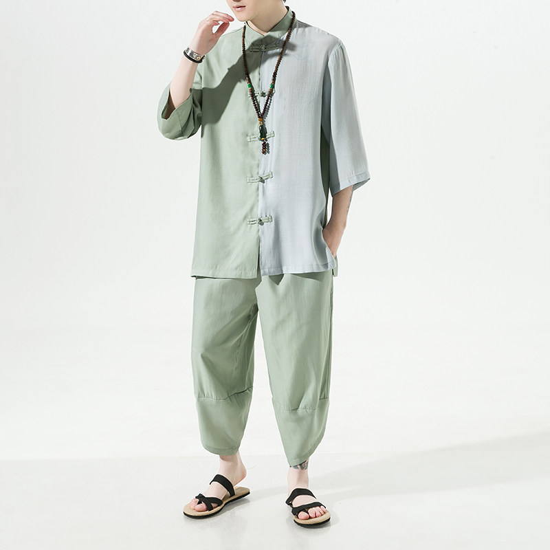 2024夏款风男装白底唐装汉服衬衫套装两件套C229/TZ344/P85,男装休闲套装,电商C229-1