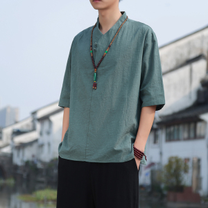 2024夏季风男装棉麻亚麻唐装中式短袖五分袖T恤C229/T171/P50图片